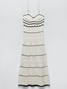 Zara Ivory Crochet Midi Dress with Black Trim Size M